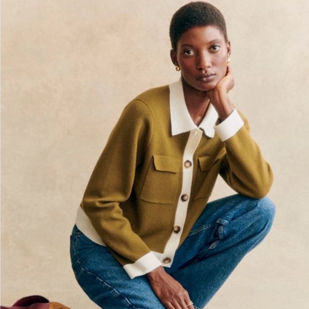 Sezane Betty Cardigan In Olive Green with Ecru Details
